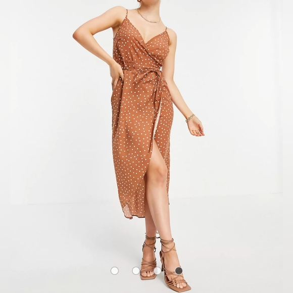 ASOS Petite Dresses & Skirts - asos  Cami Wrap Dress Women's Size 10P In Brown Polka Dot Resort Wear